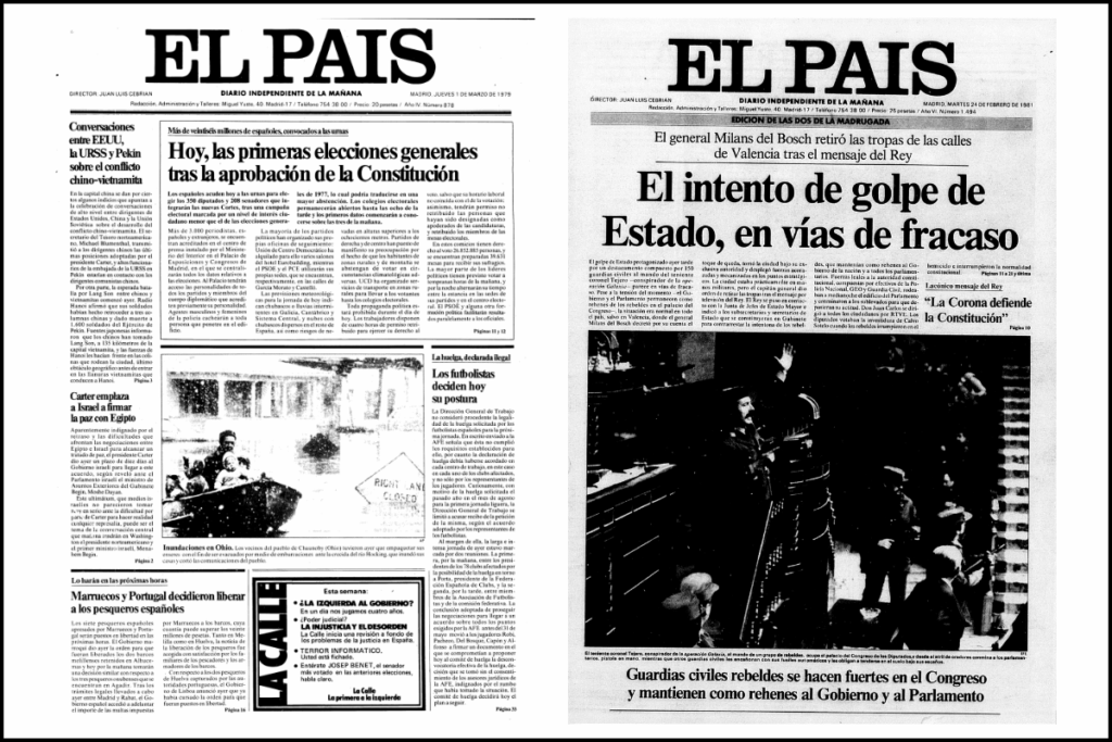 Two front pages from El País reporting on elections and a coup d’etat.
