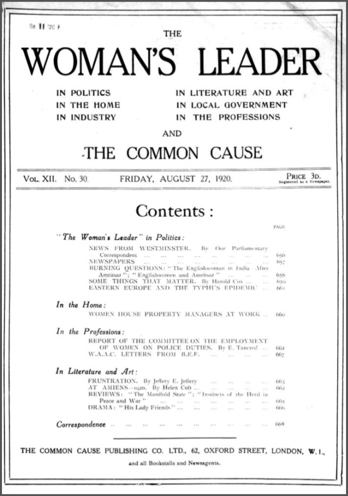 "The Woman's Leader." Woman's Leader and The Common Cause, vol. XII, no. 30, 27 Aug. 1920. Nineteenth Century Collections Online