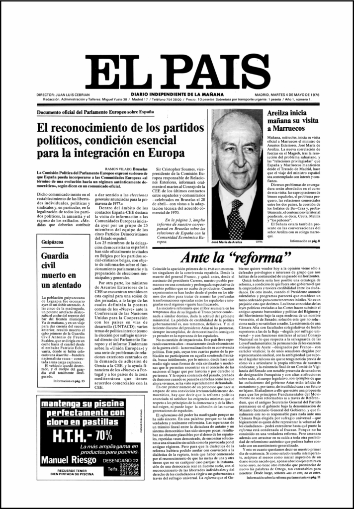 The first front page of El País from 4th May 1976.