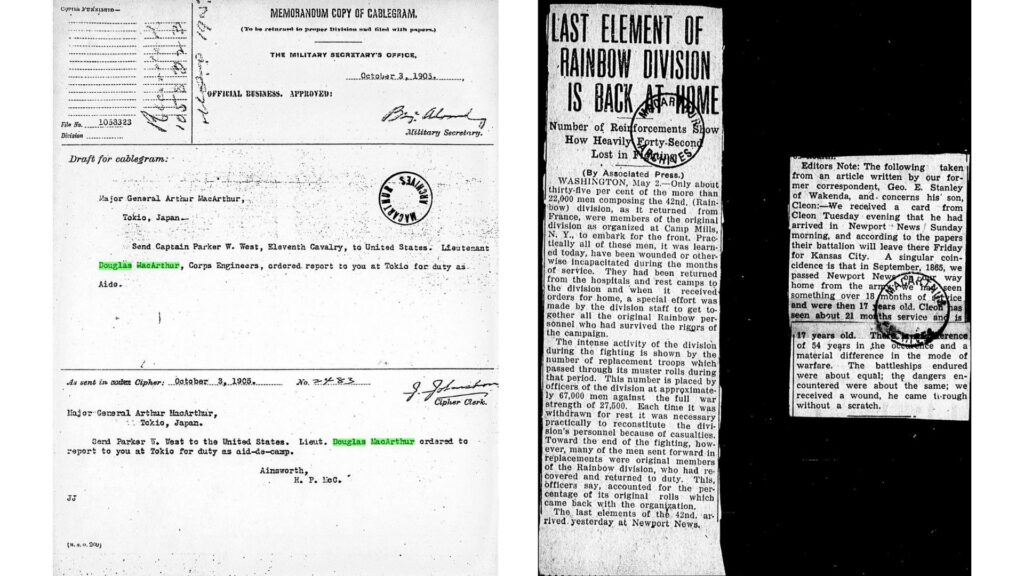 (Left) MacArthur, Douglas--West Point--Correspondence. 1912. (Right) United States Army 42nd Infantry Division, 83rd Brigade World War I