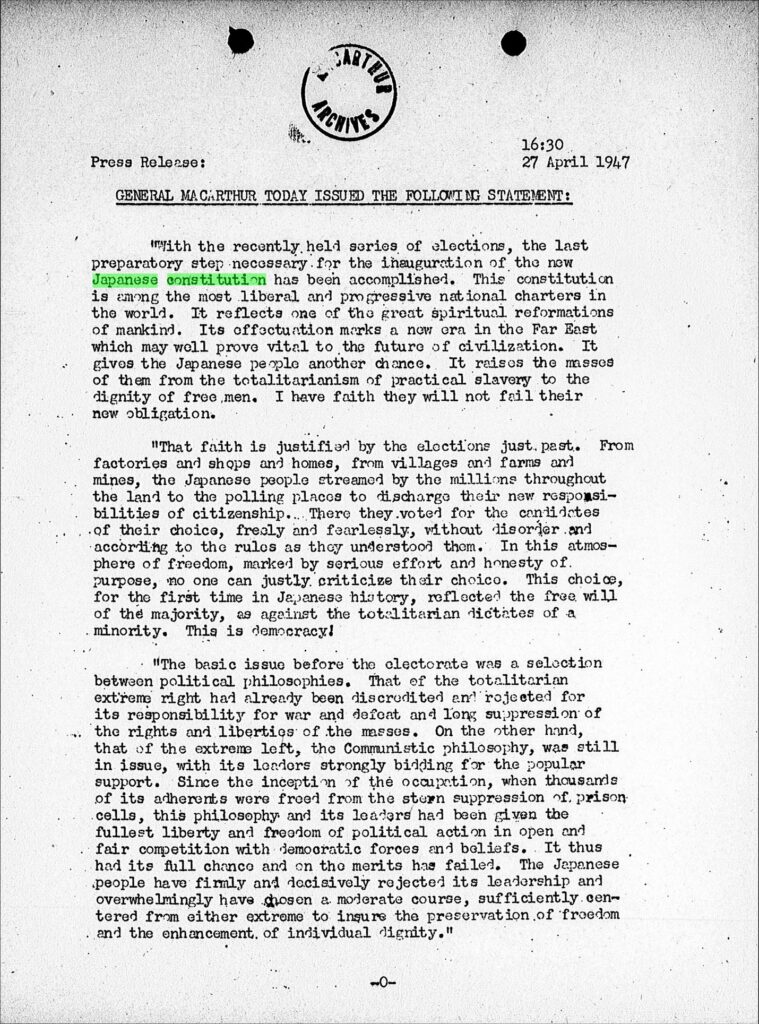 General Douglas MacArthur comments on the significance and the basic issue of the new Japanese Constitution.