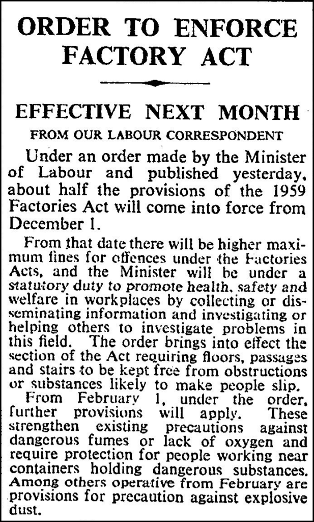 FROM OUR LABOUR CORRESPONDENT. "Order To Enforce Factory ACT." Times, 11 Nov. 1959