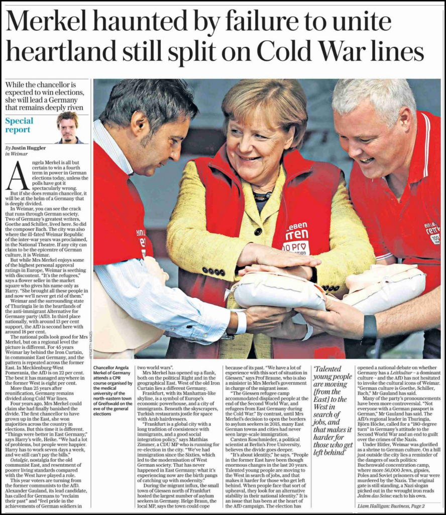 Huggler, Justin. "Merkel Haunted by Failure to Unite Heartland Still Split on Cold War Lines." Sunday Telegraph, 24 Sept. 2017