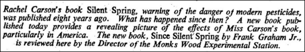 Mellanby, Kenneth. "Danger of pesticides-the debt to Rachel Carson." article from the Times, 28 May 1970