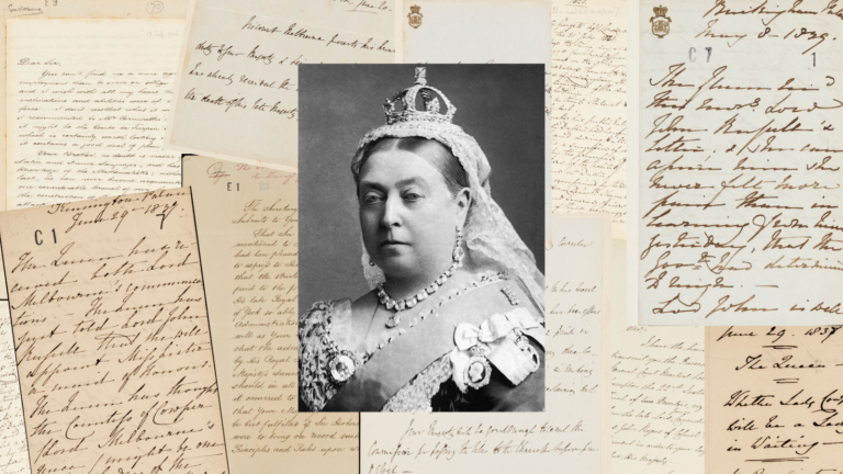A montage of images of sources from State Papers Online: Nineteenth Century: The State Papers of Queen Victoria and King Edward VII combined with a photograph of Queen Victoria taken in 1882, available in Wikimedia Commons
