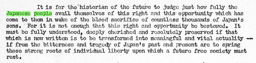 Speech by General Douglas MacArthur to the people of Japan. 