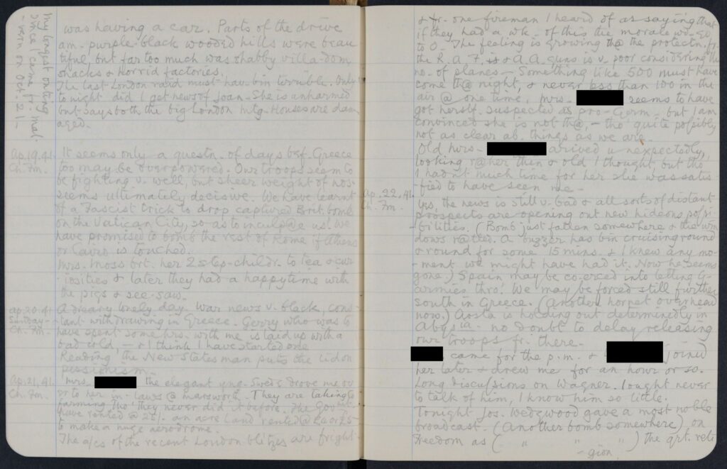 Journal: Isabel describes a bomb falling nearby, 1941.