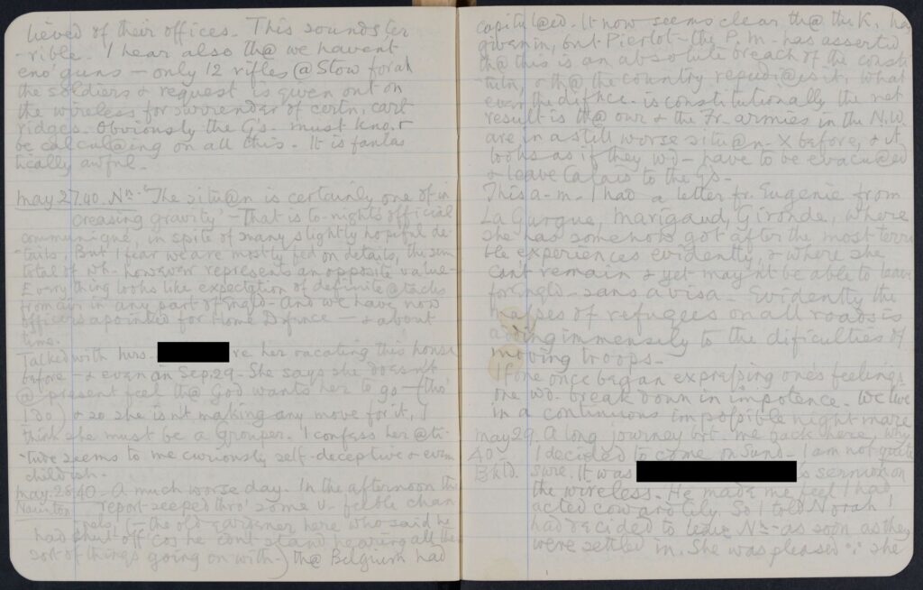 Journal: Isabel describes anxiety around the war, 1940.